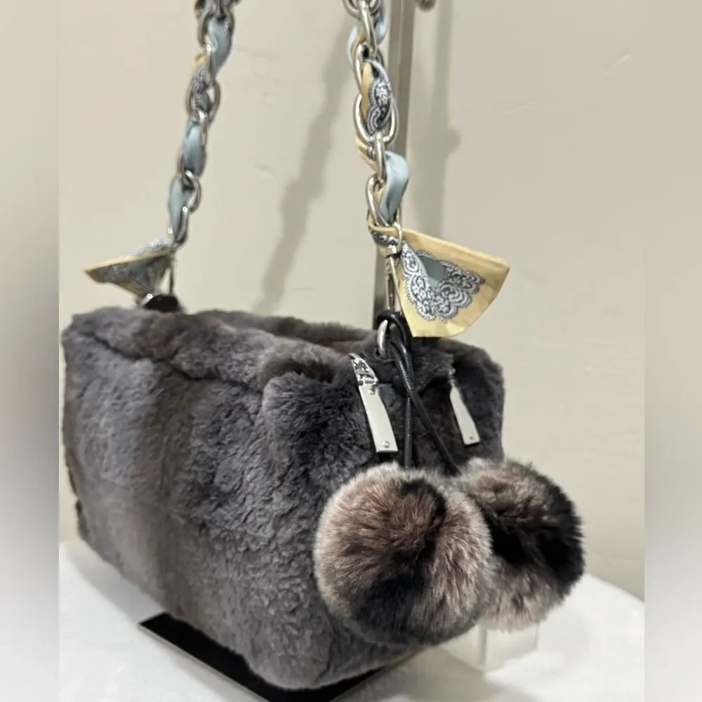Gray Real Sheared Beaver Fur Handmade Double Zip Pillow Shoulder Bag/ Crossbody